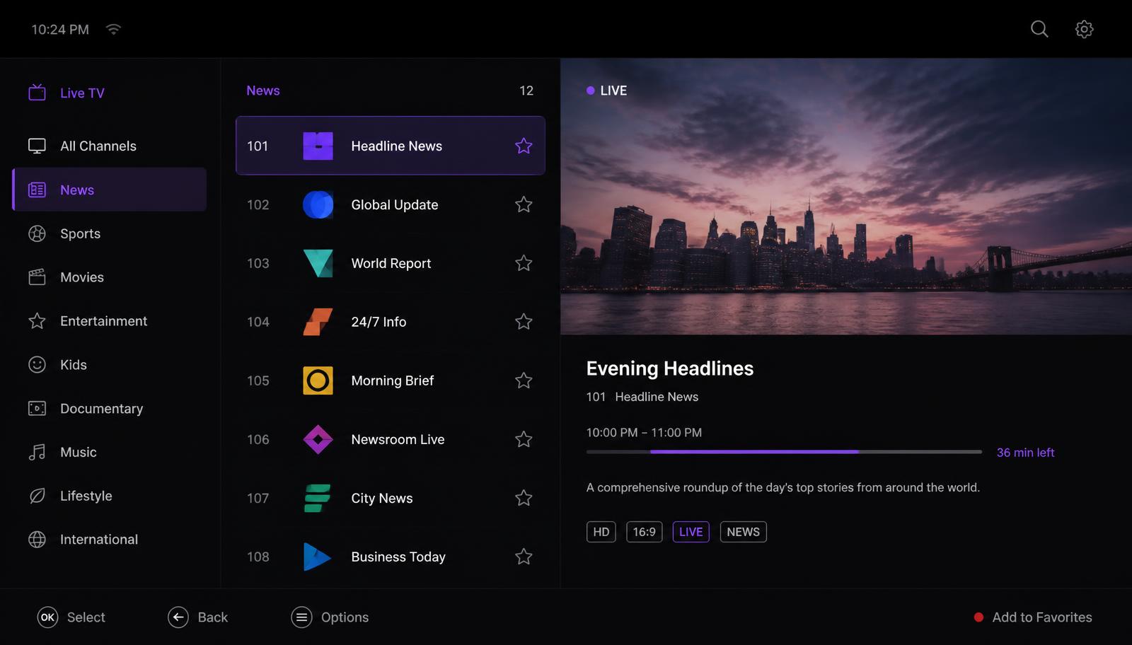 Interface Live TV de VYRO Premium avec catégories, chaînes et aperçu